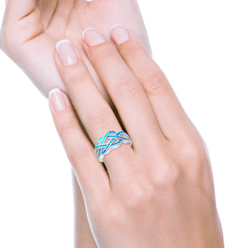 Crisscross Infinity Celtic Lab Created Blue Opal Ring 925 Sterling Silver